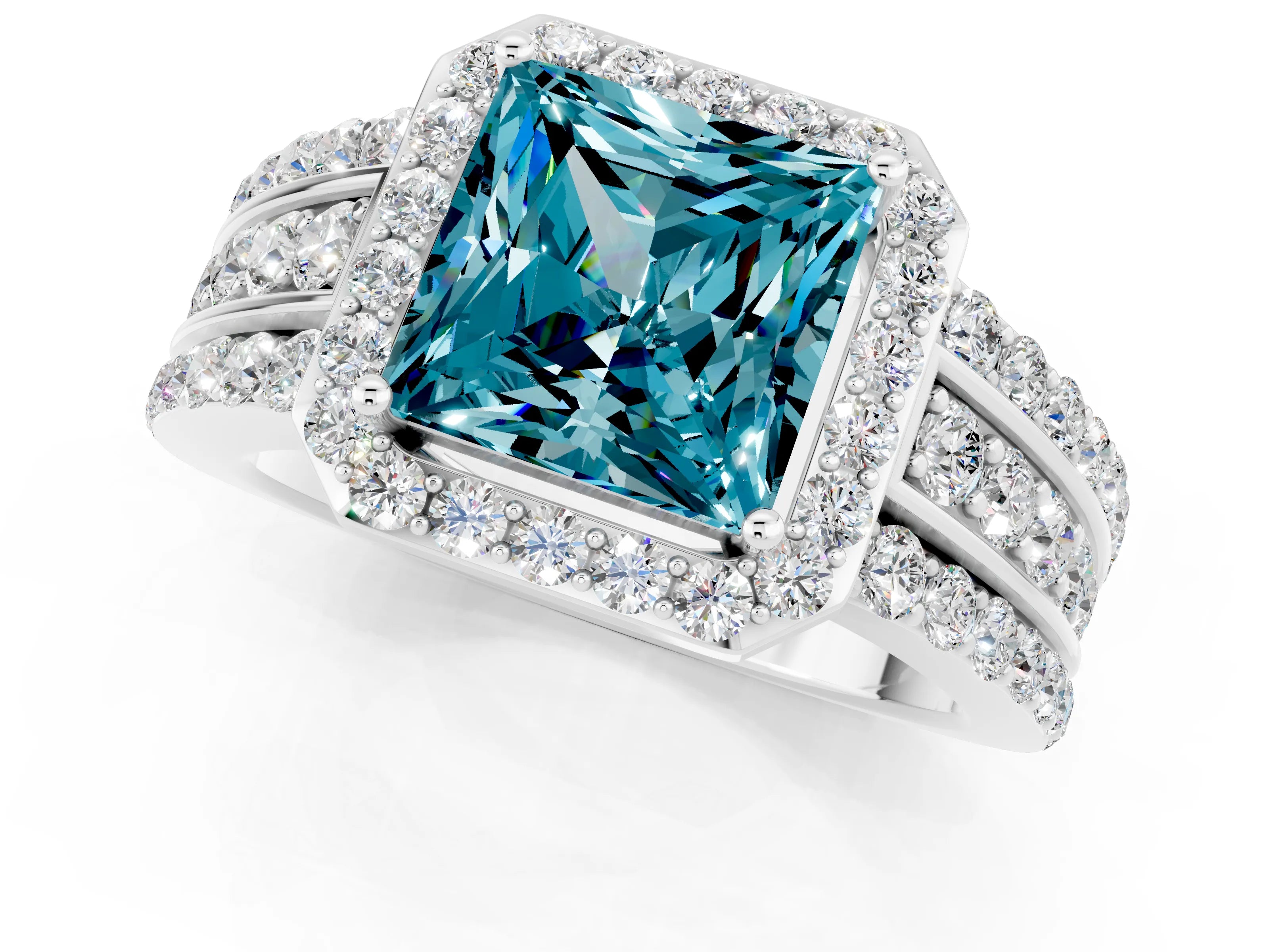 White gold Princess Cut Halo Blue Topaz Ring with Split Shank and Four-Prong Setting_1