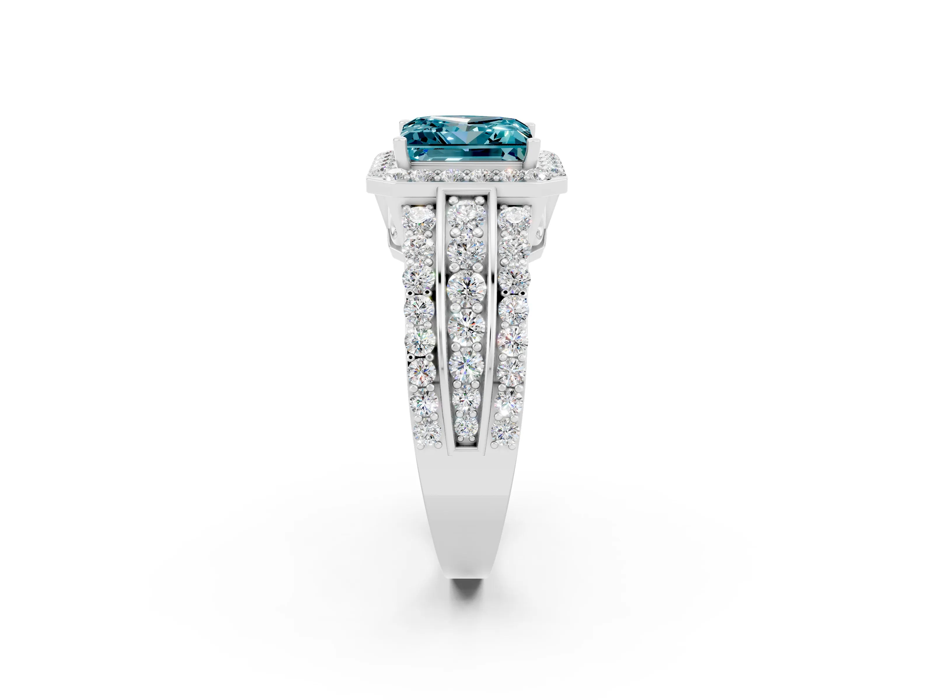 White gold Princess Cut Halo Blue Topaz Ring with Split Shank and Four-Prong Setting_2