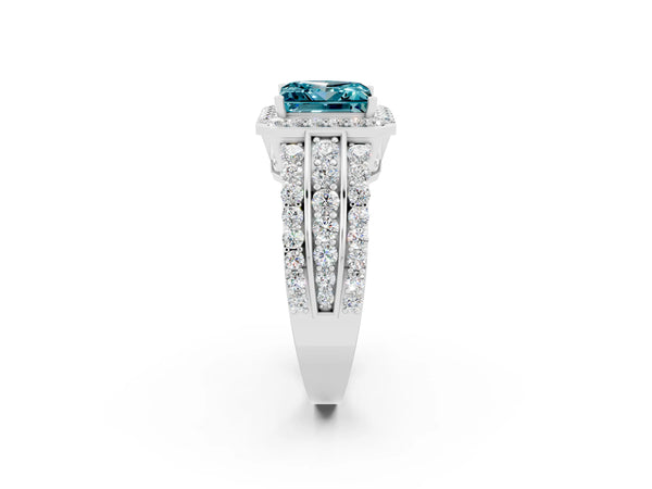 Silver Princess Cut Halo Blue Topaz Ring with Round  Split Shank and Prong Setting