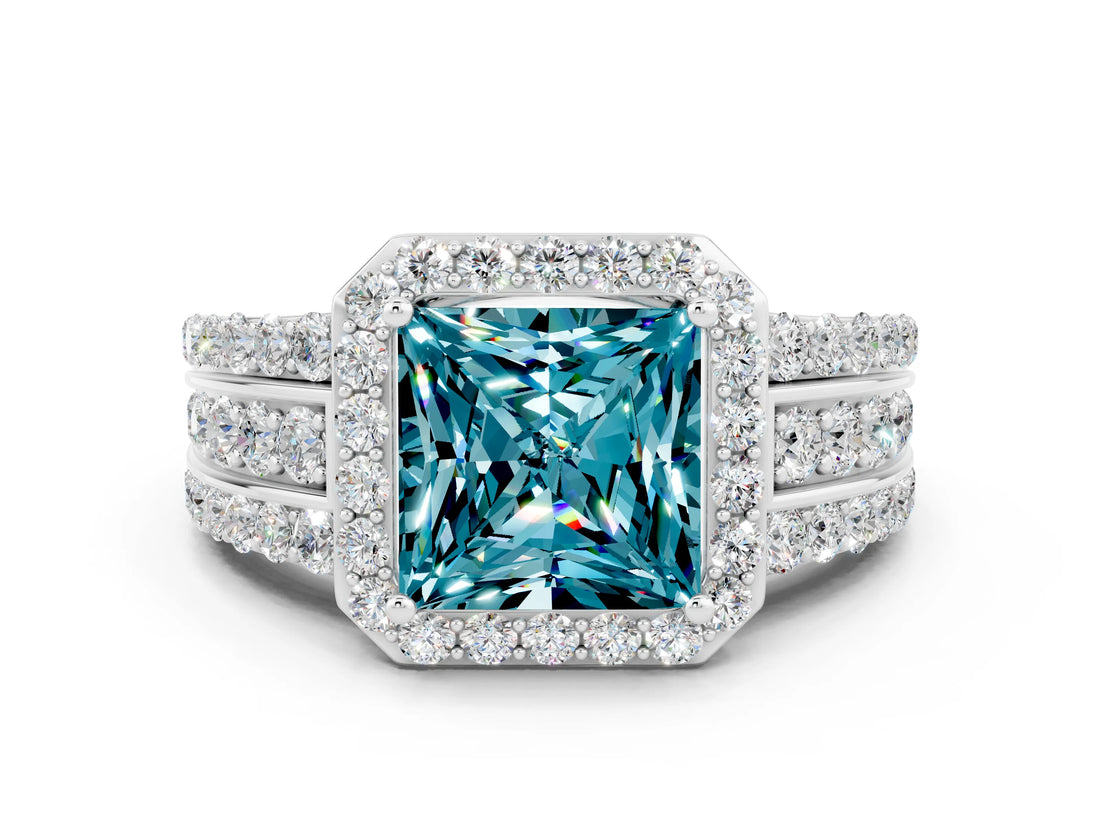 White gold Princess Cut Halo Blue Topaz Ring with Split Shank and Four-Prong Setting