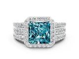 White gold Princess Cut Halo Blue Topaz Ring with Split Shank and Four-Prong Setting