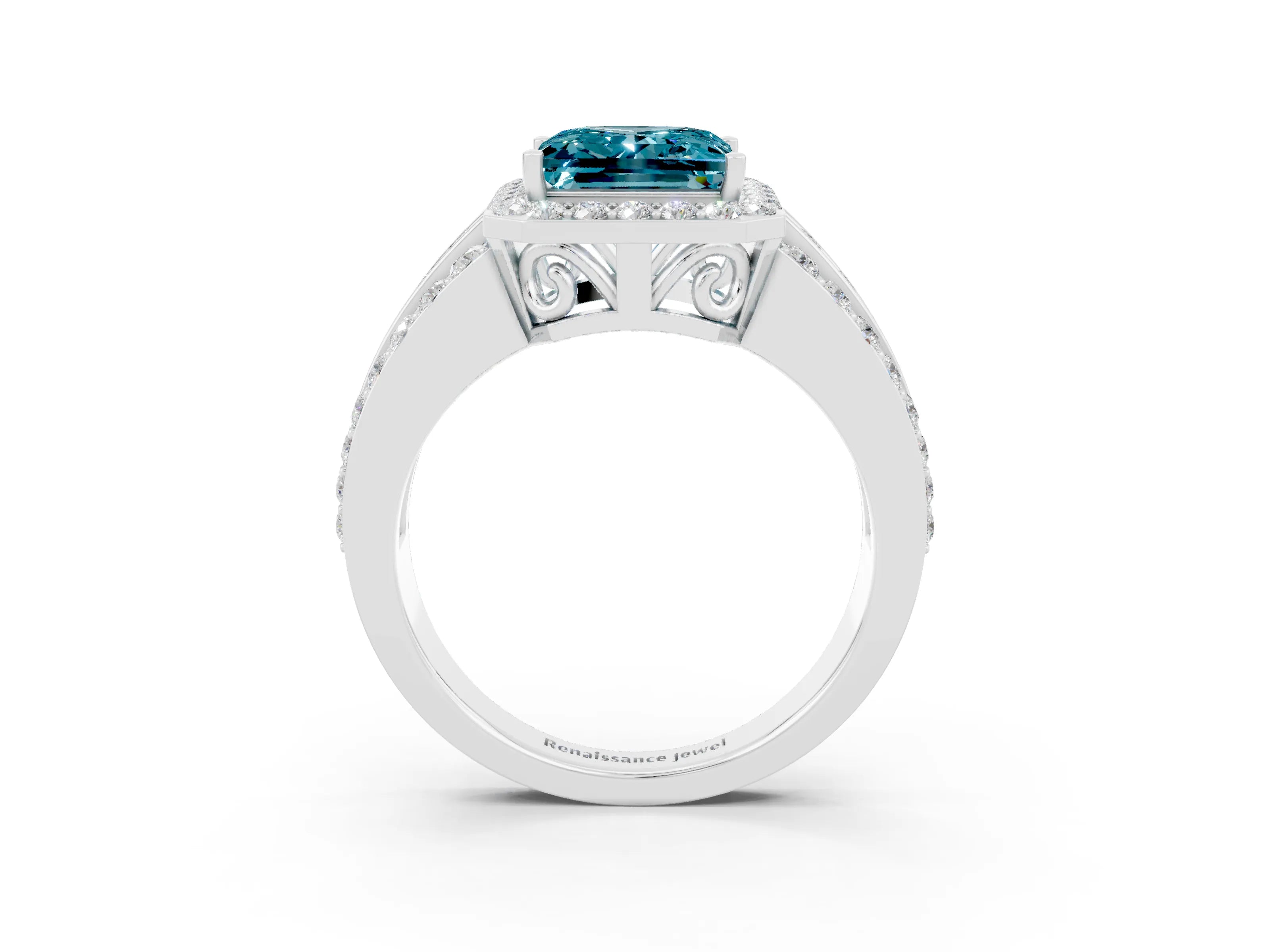 White gold Princess Cut Halo Blue Topaz Ring with Split Shank and Four-Prong Setting_3