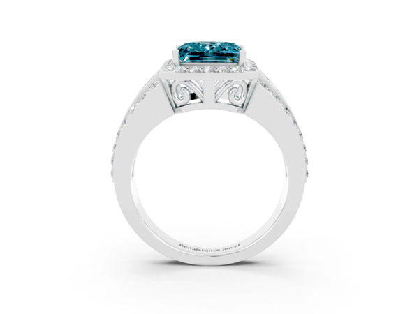 Silver Princess Cut Halo Blue Topaz Ring with Round  Split Shank and Prong Setting