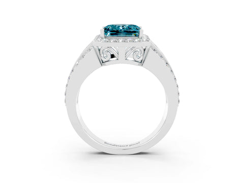 White gold Princess Cut Halo Blue Topaz Ring with Split Shank and Four-Prong Setting_3