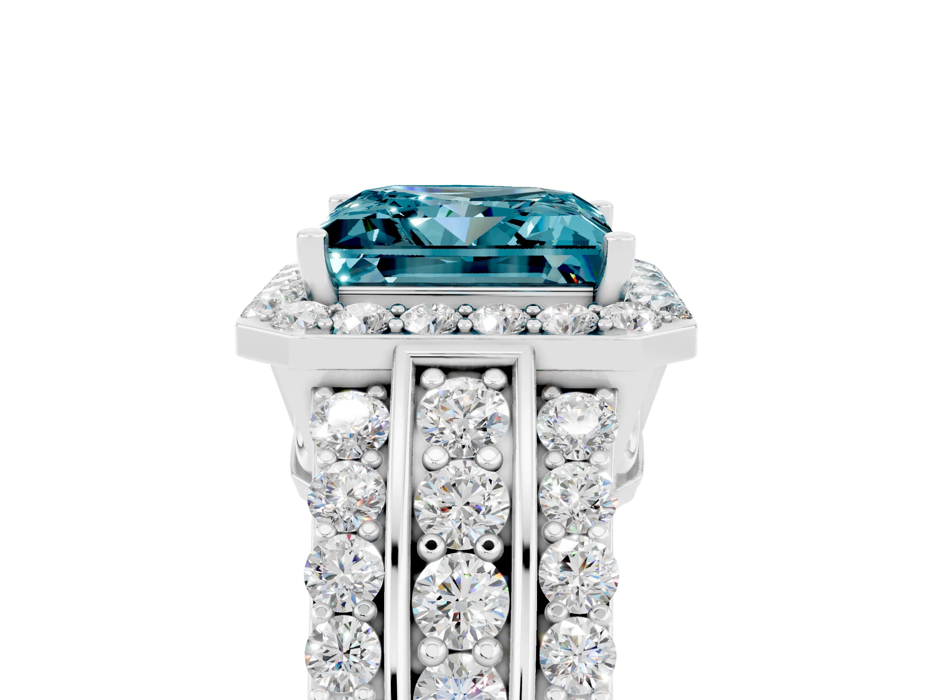 White gold Princess Cut Halo Blue Topaz Ring with Split Shank and Four-Prong Setting_5