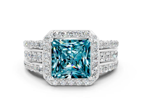 White gold Princess Cut Halo Blue Topaz Ring with Split Shank and Four-Prong Setting