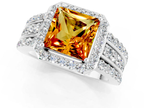 Platinum Princess Cut Halo Citrine Ring with Round  Split Shank and Prong Setting
