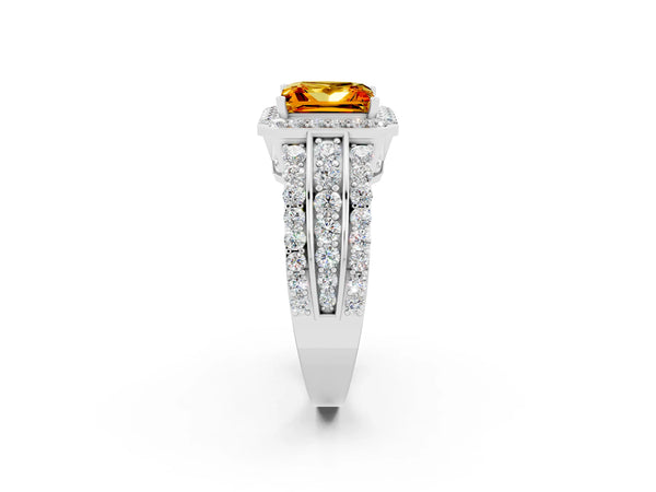 Platinum Princess Cut Halo Citrine Ring with Round  Split Shank and Prong Setting