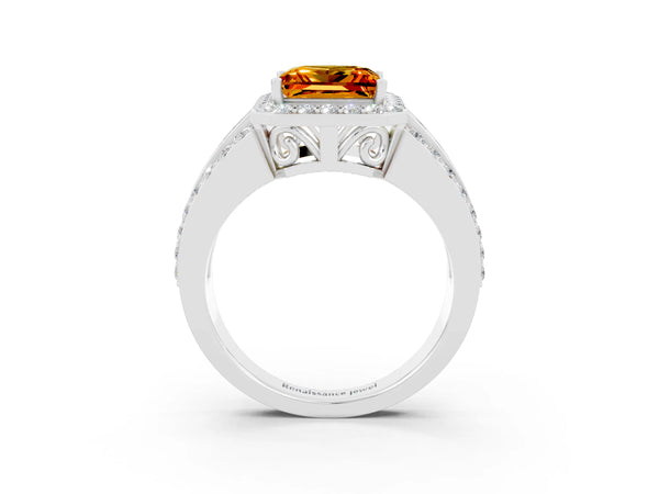 Platinum Princess Cut Halo Citrine Ring with Round  Split Shank and Prong Setting