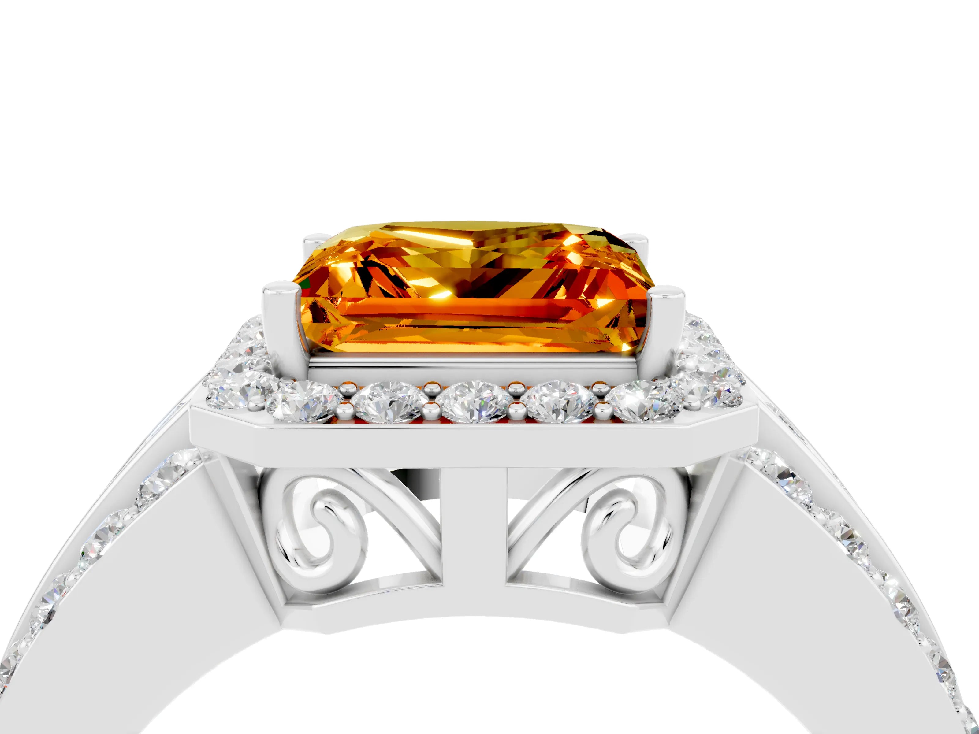 White gold Princess Cut Halo Citrine Ring with Split Shank and Four-Prong Setting_4