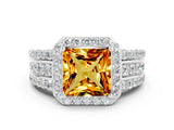 White gold Princess Cut Halo Citrine Ring with Split Shank and Four-Prong Setting