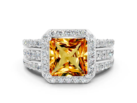 White gold Princess Cut Halo Citrine Ring with Split Shank and Four-Prong Setting