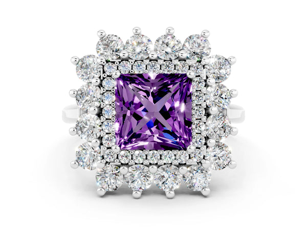 Platinum Princess Cut Amethyst Floral Double Halo Engagement Ring with Prong Setting