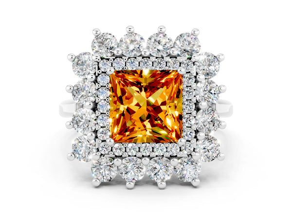 White gold Princess Cut Citrine Floral Double Halo Engagement Ring with Prong Setting