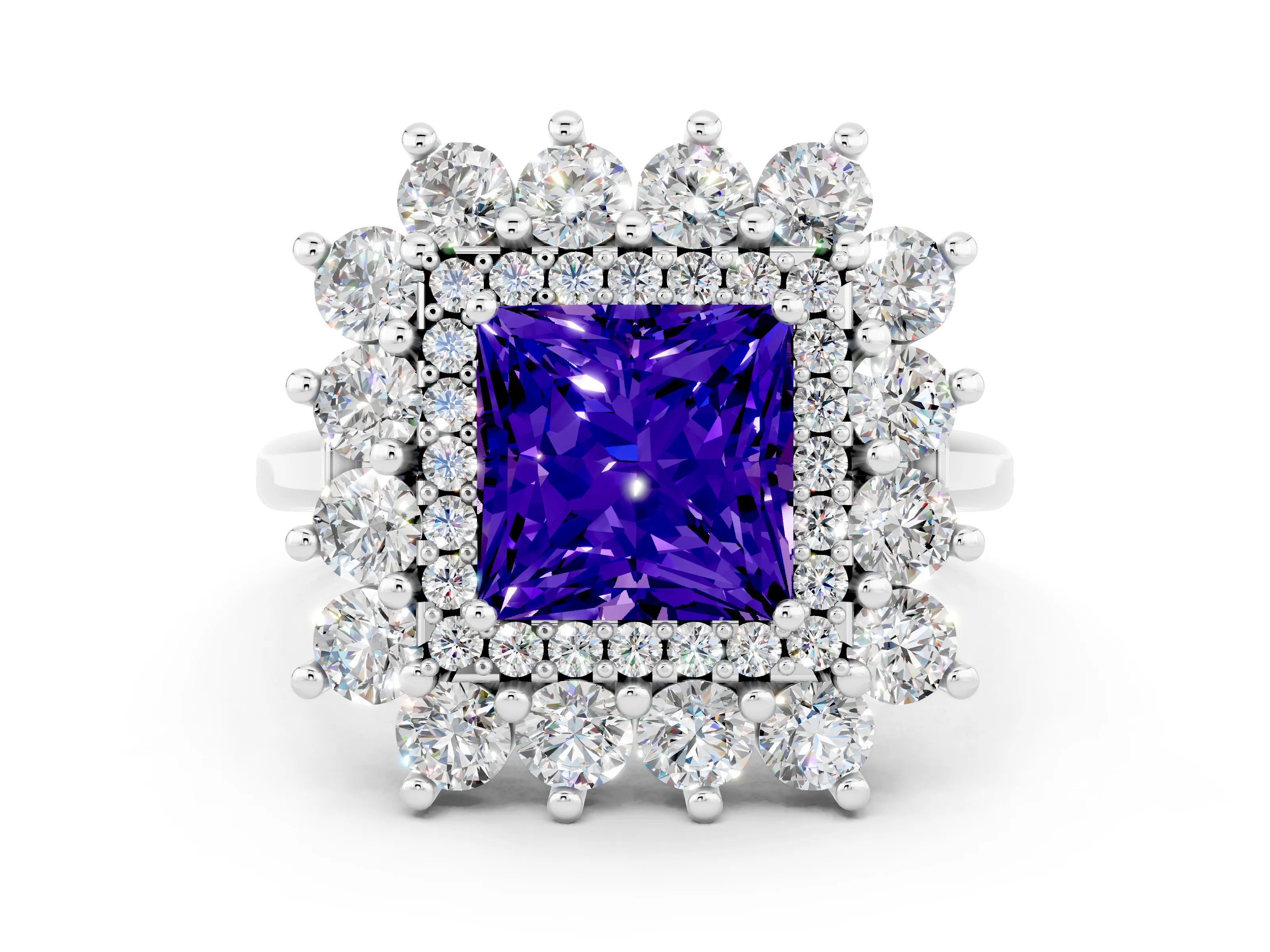 White gold Princess Cut Halo Cluster Diamond Ring with Pave Band and Four-Prong Setting_12