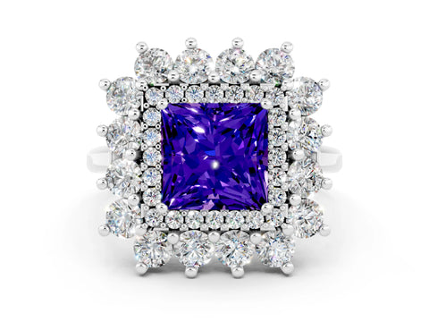 White gold Princess Cut Halo Cluster Diamond Ring with Pave Band and Four-Prong Setting_12