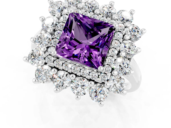 Platinum Princess Cut Amethyst Floral Double Halo Engagement Ring with Prong Setting