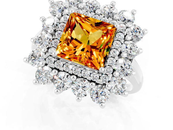 White gold Princess Cut Citrine Floral Double Halo Engagement Ring with Prong Setting