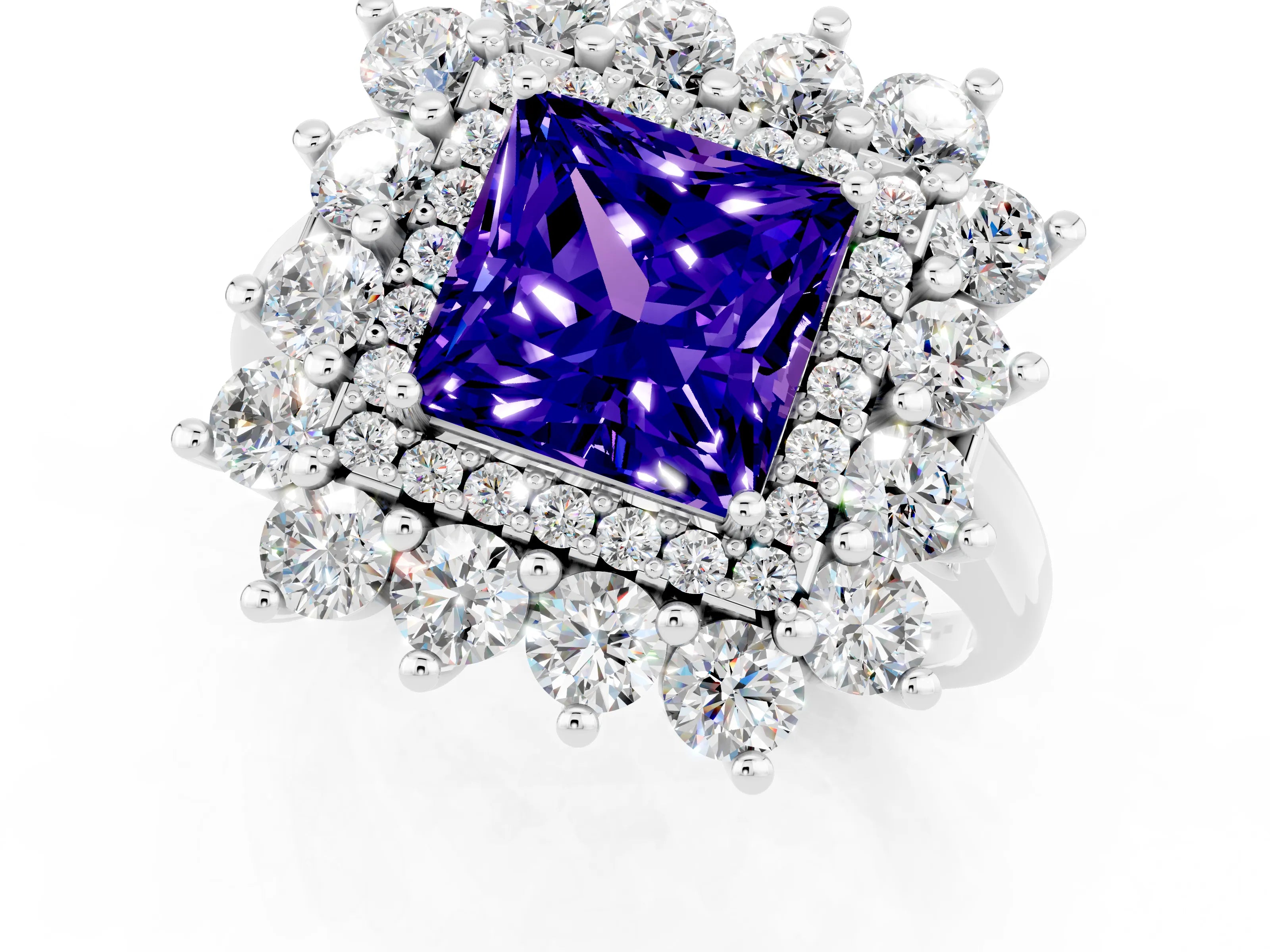 White gold Princess Cut Halo Cluster Diamond Ring with Pave Band and Four-Prong Setting_13