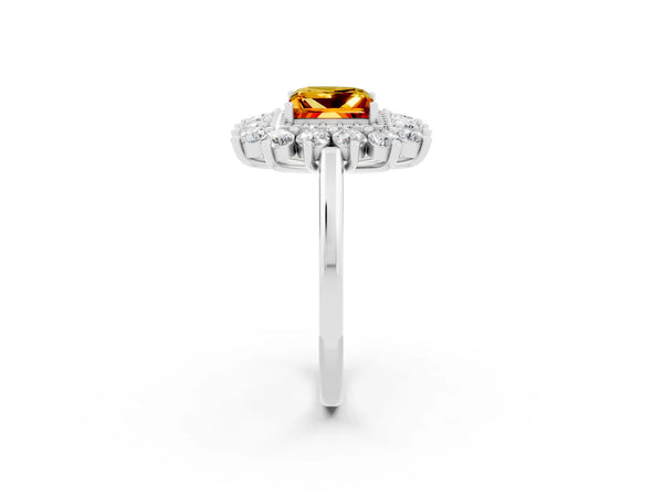 Platinum Princess Cut Citrine Floral Double Halo Engagement Ring with Prong Setting