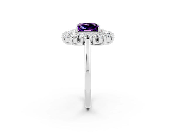 Platinum Princess Cut Amethyst Floral Double Halo Engagement Ring with Prong Setting