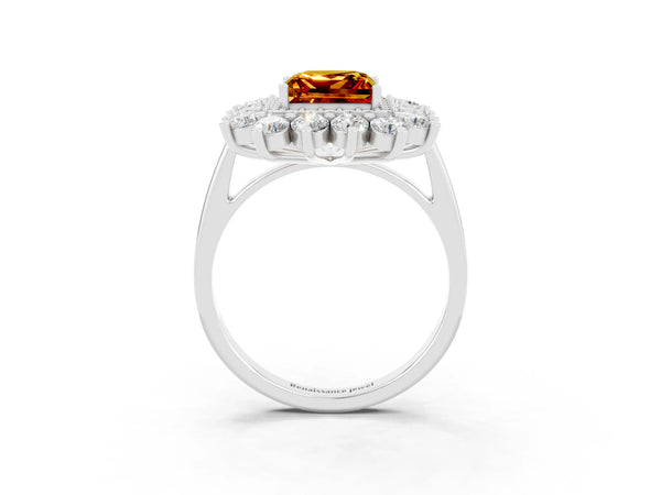 Platinum Princess Cut Citrine Floral Double Halo Engagement Ring with Prong Setting