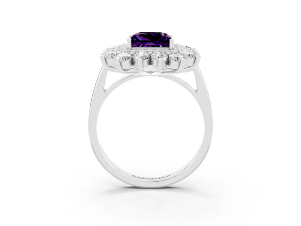 Platinum Princess Cut Amethyst Floral Double Halo Engagement Ring with Prong Setting