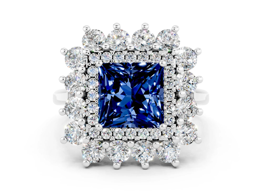 White gold Princess Cut Halo Cluster Diamond Ring with Pave Band and Four-Prong Setting_18