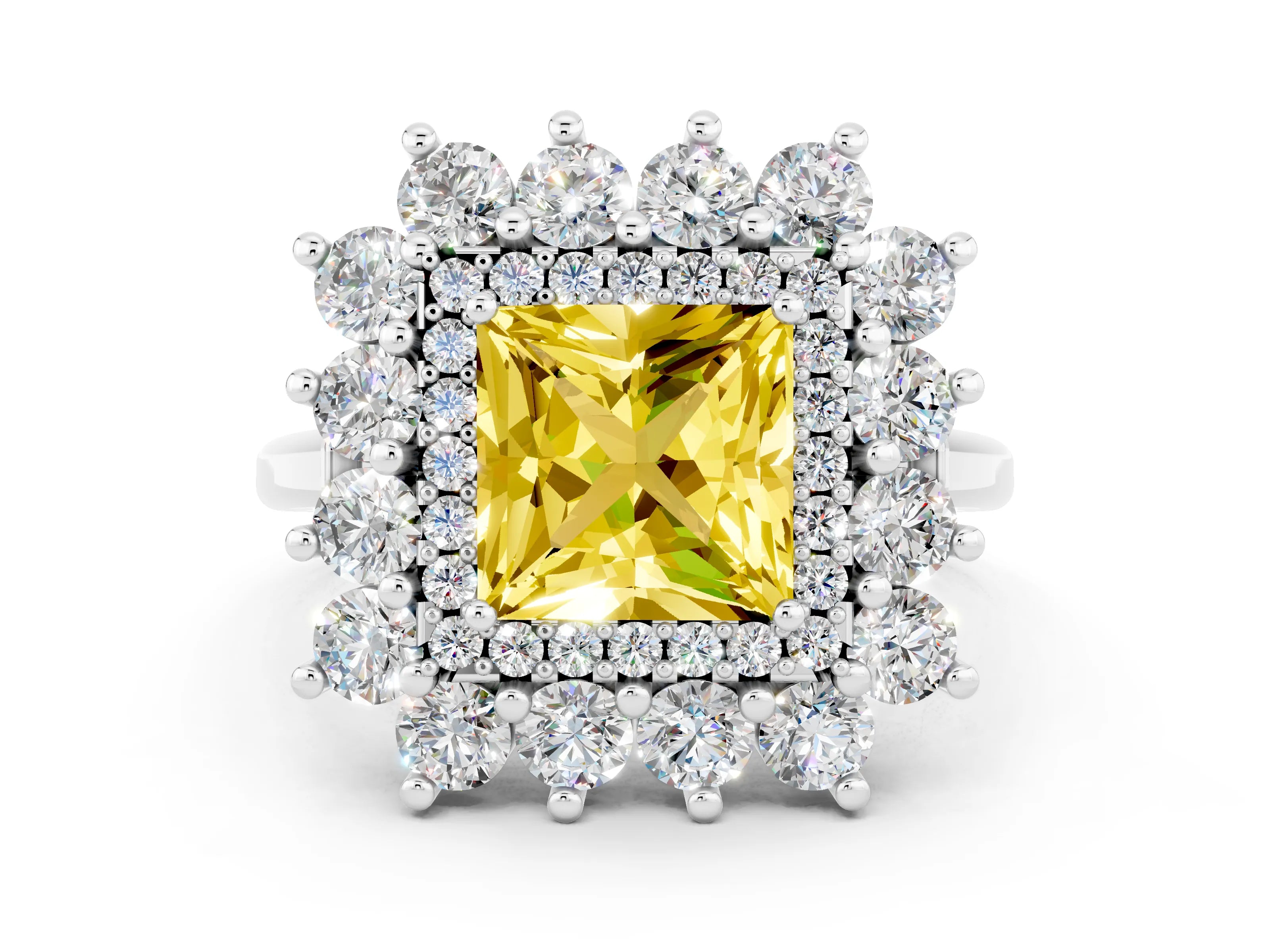 White gold Princess Cut Halo Cluster Diamond Ring with Pave Band and Four-Prong Setting_18