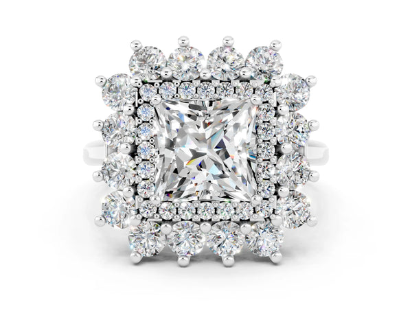 White gold Princess Cut Moissanite Floral Double Halo Engagement Ring with Prong Setting
