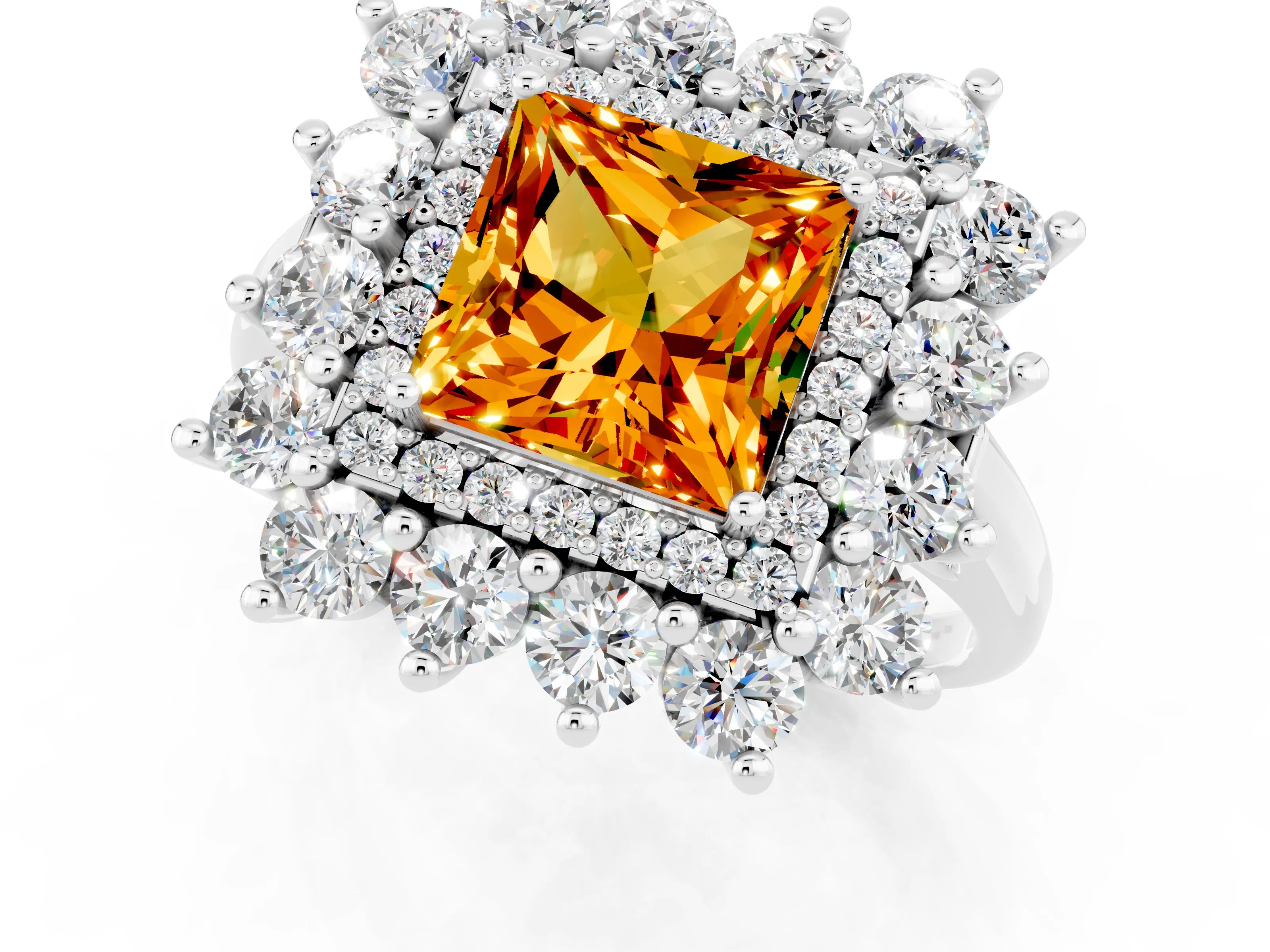 White gold Princess Cut Halo Cluster Diamond Ring with Pave Band and Four-Prong Setting_1