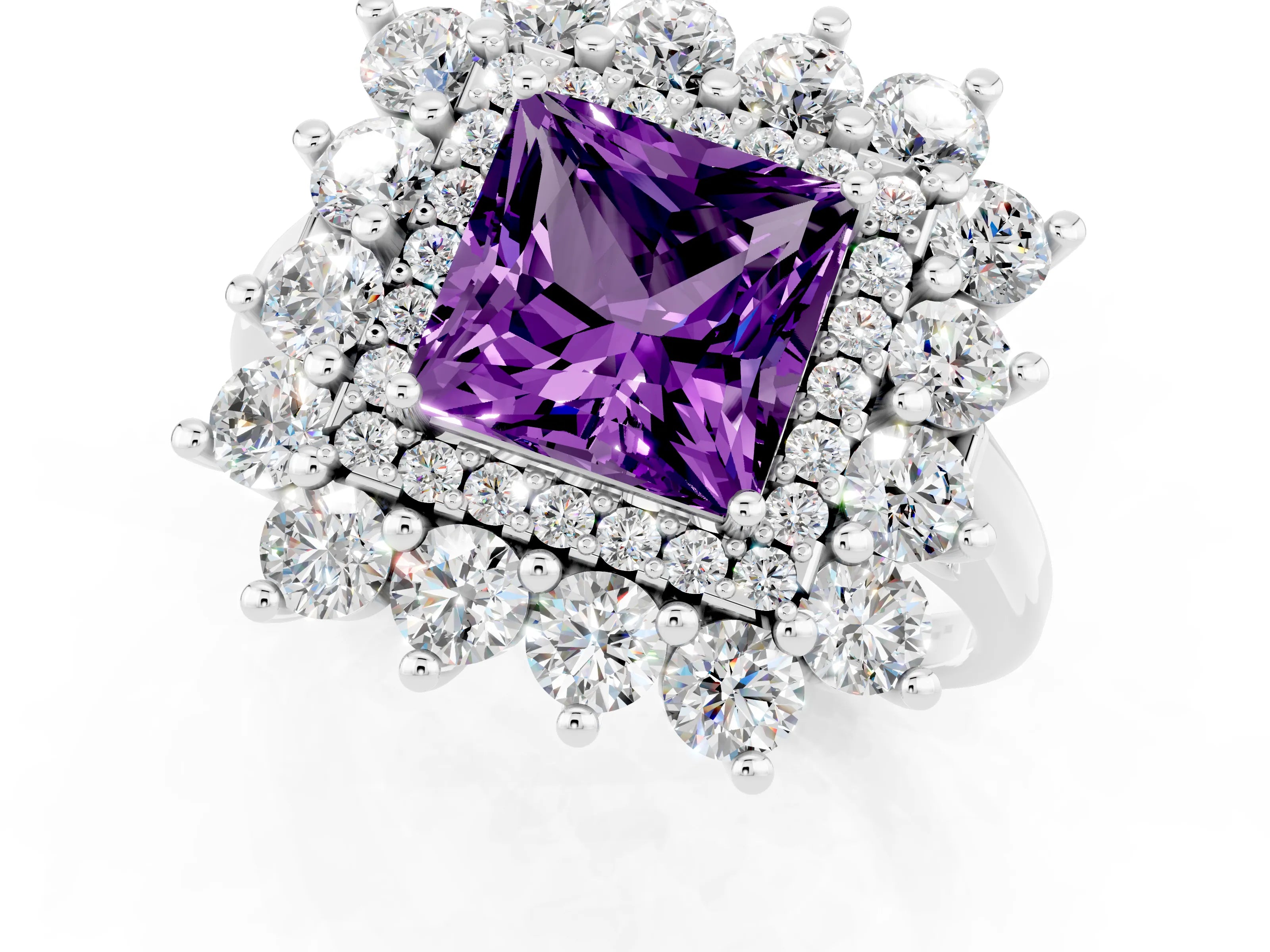 White gold Princess Cut Halo Cluster Diamond Ring with Pave Band and Four-Prong Setting_1