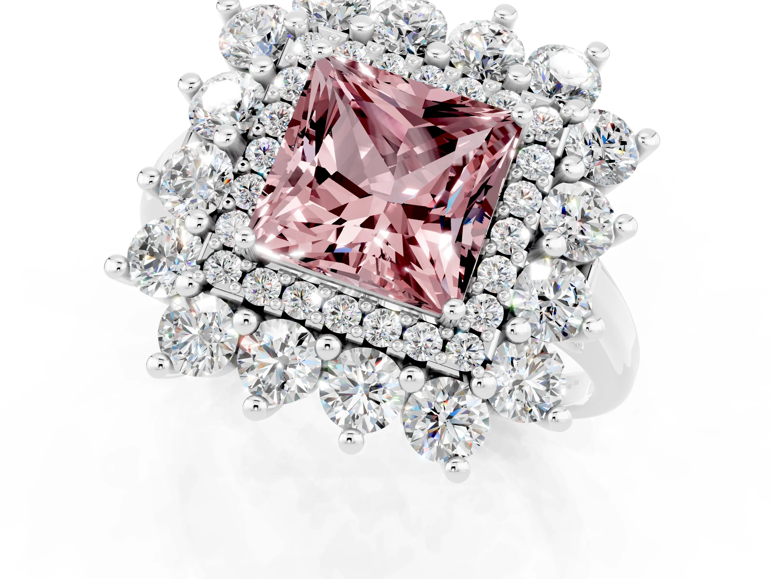 White gold Princess Cut Halo Cluster Diamond Ring with Pave Band and Four-Prong Setting_1