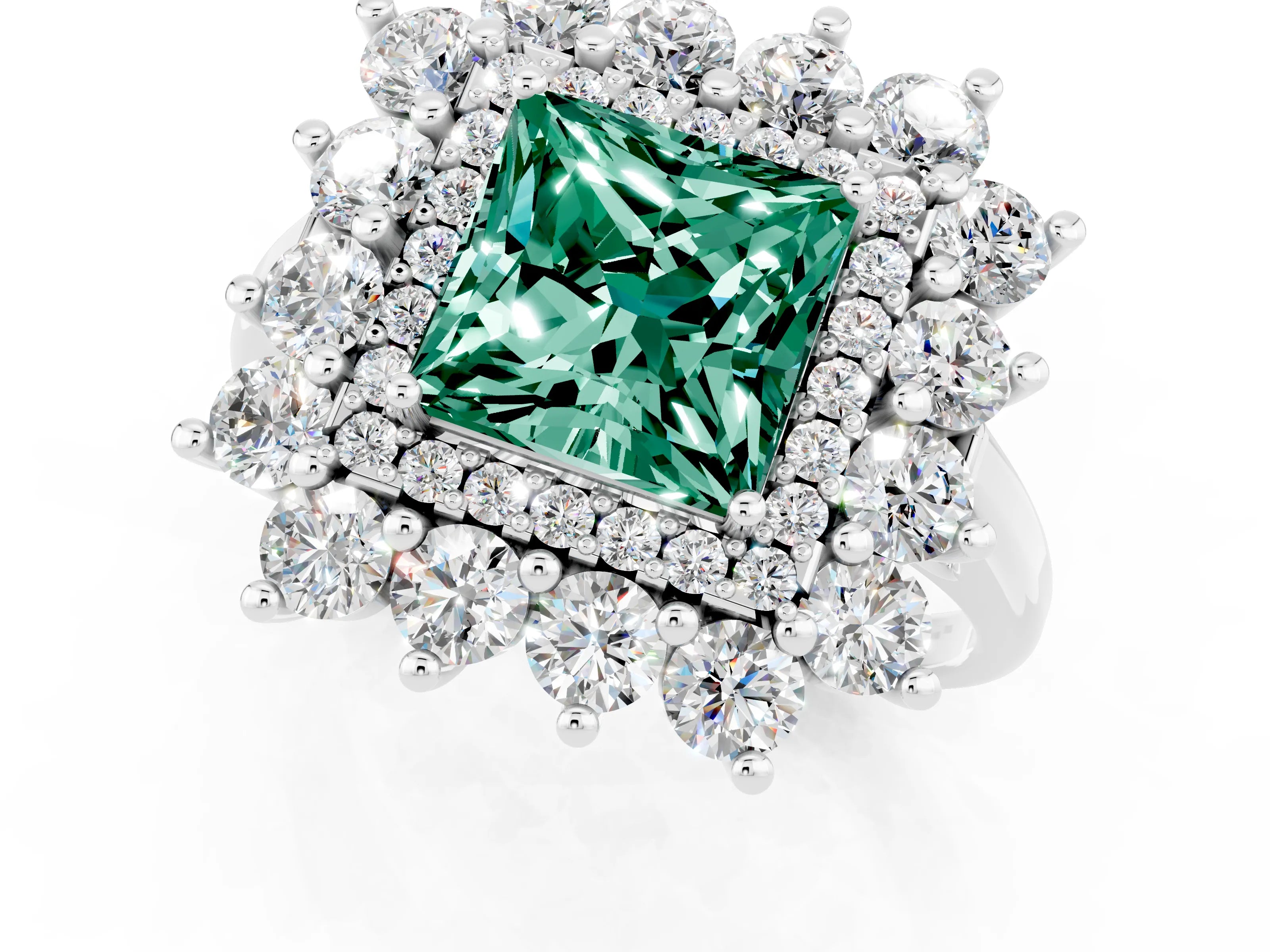 White gold Princess Cut Halo Cluster Diamond Ring with Pave Band and Four-Prong Setting_1