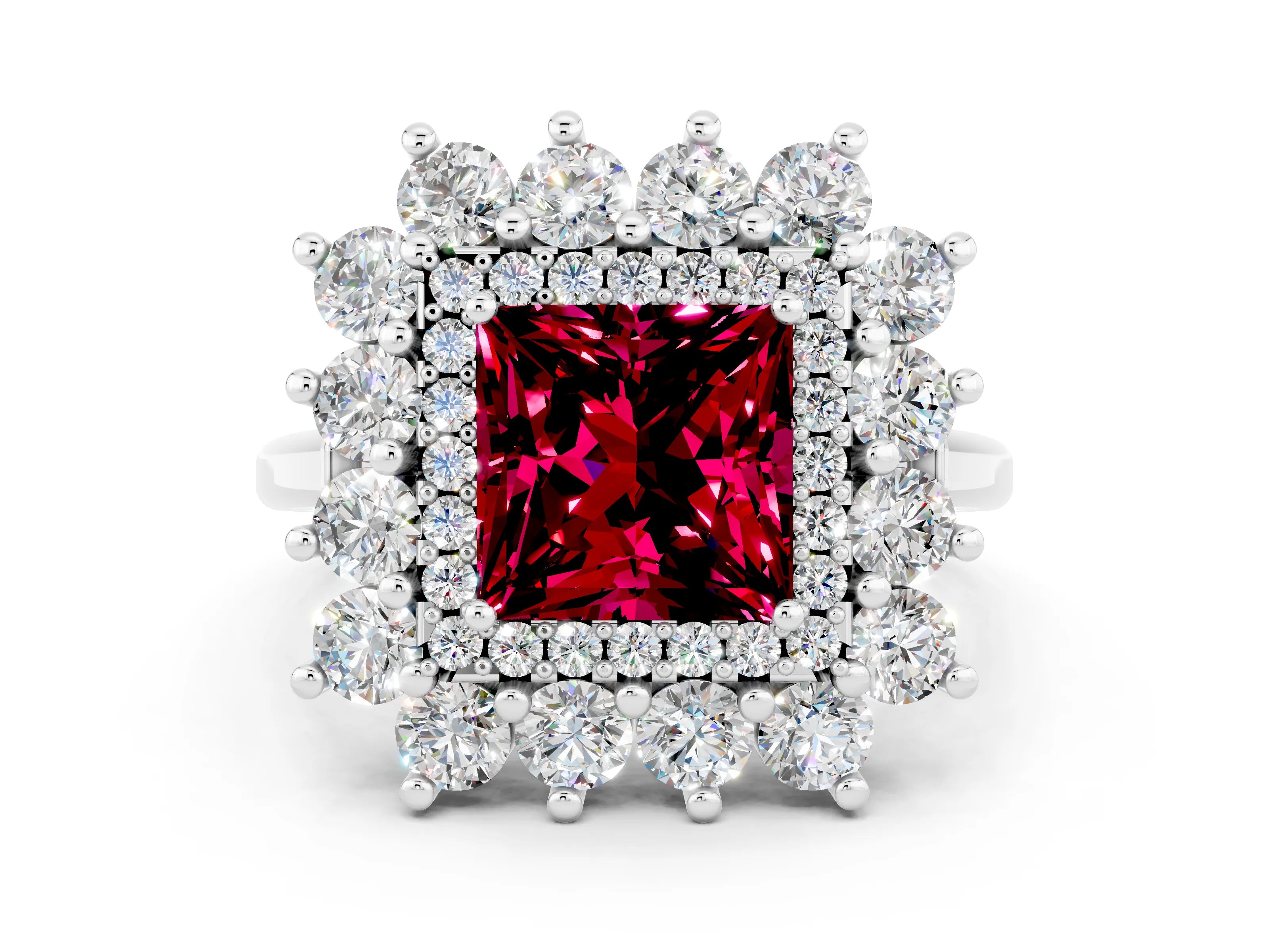 White gold Princess Cut Halo Cluster Diamond Ring with Pave Band and Four-Prong Setting_20