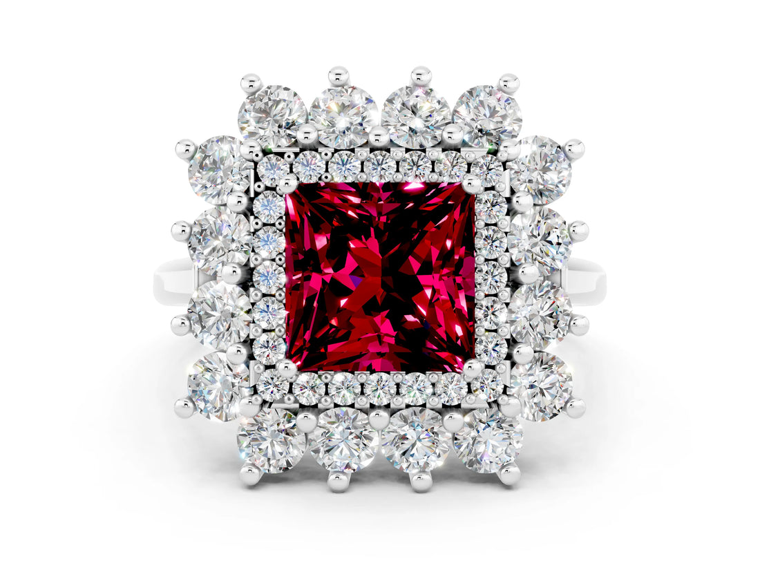 White gold Princess Cut Halo Cluster Diamond Ring with Pave Band and Four-Prong Setting_20