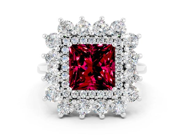 Silver Princess Cut Garnet Floral Double Halo Engagement Ring with Prong Setting