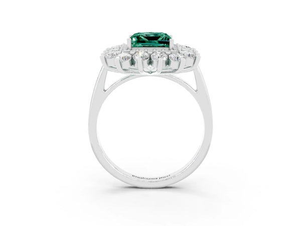 Platinum Princess Cut Halo Cluster Diamond Ring with Pave Band and Four-Prong Setting