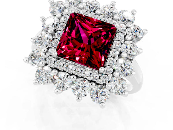 Silver Princess Cut Garnet Floral Double Halo Engagement Ring with Prong Setting