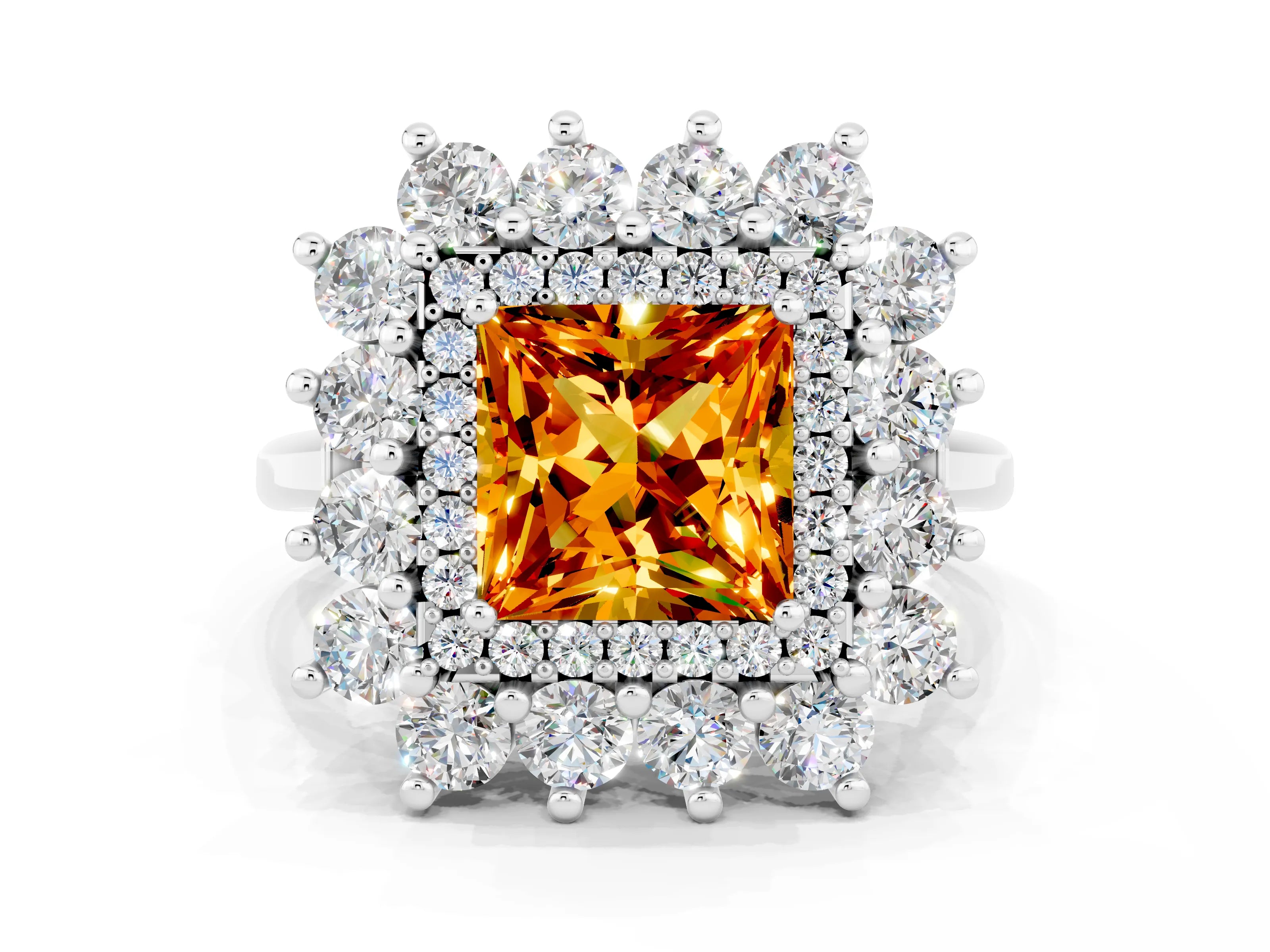 White gold Princess Cut Halo Cluster Diamond Ring with Pave Band and Four-Prong Setting