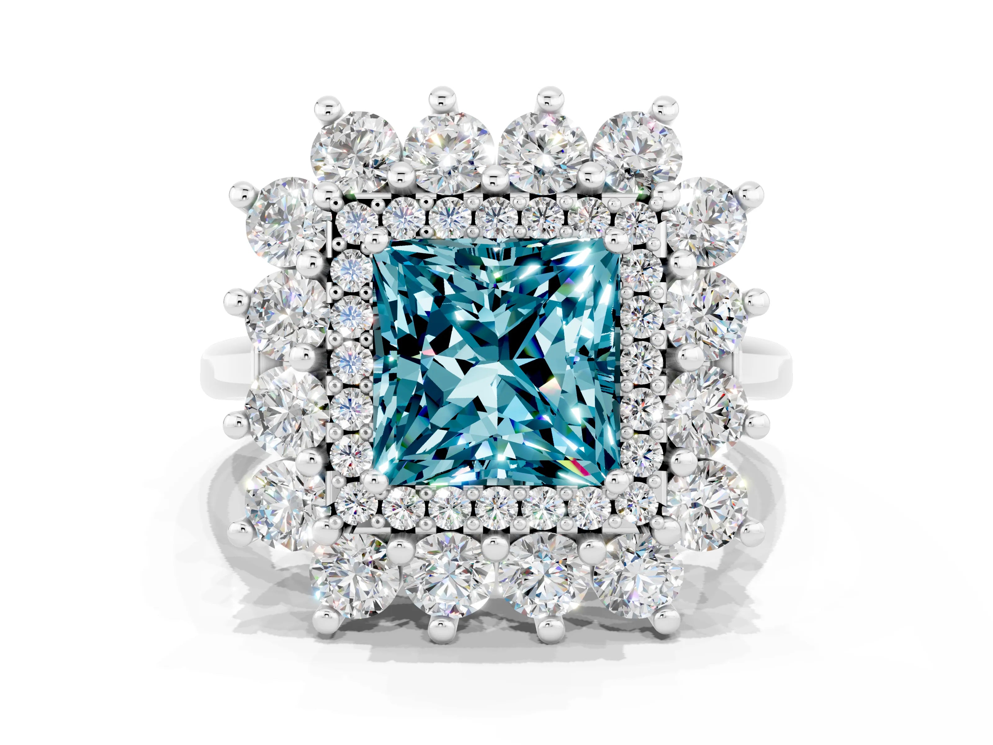 White gold Princess Cut Halo Cluster Diamond Ring with Pave Band and Four-Prong Setting_24