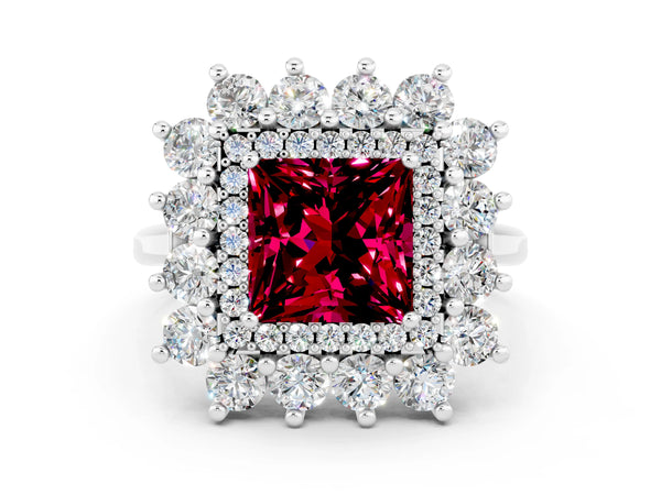 Silver Princess Cut Garnet Floral Double Halo Engagement Ring with Prong Setting