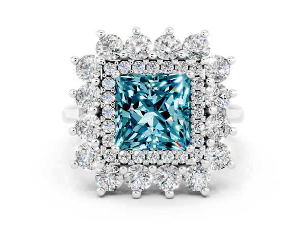 Platinum Princess Cut Blue Topaz Floral Double Halo Engagement Ring with Prong Setting