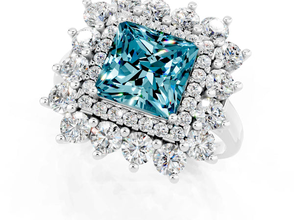 White gold Princess Cut Blue Topaz Floral Double Halo Engagement Ring with Prong Setting