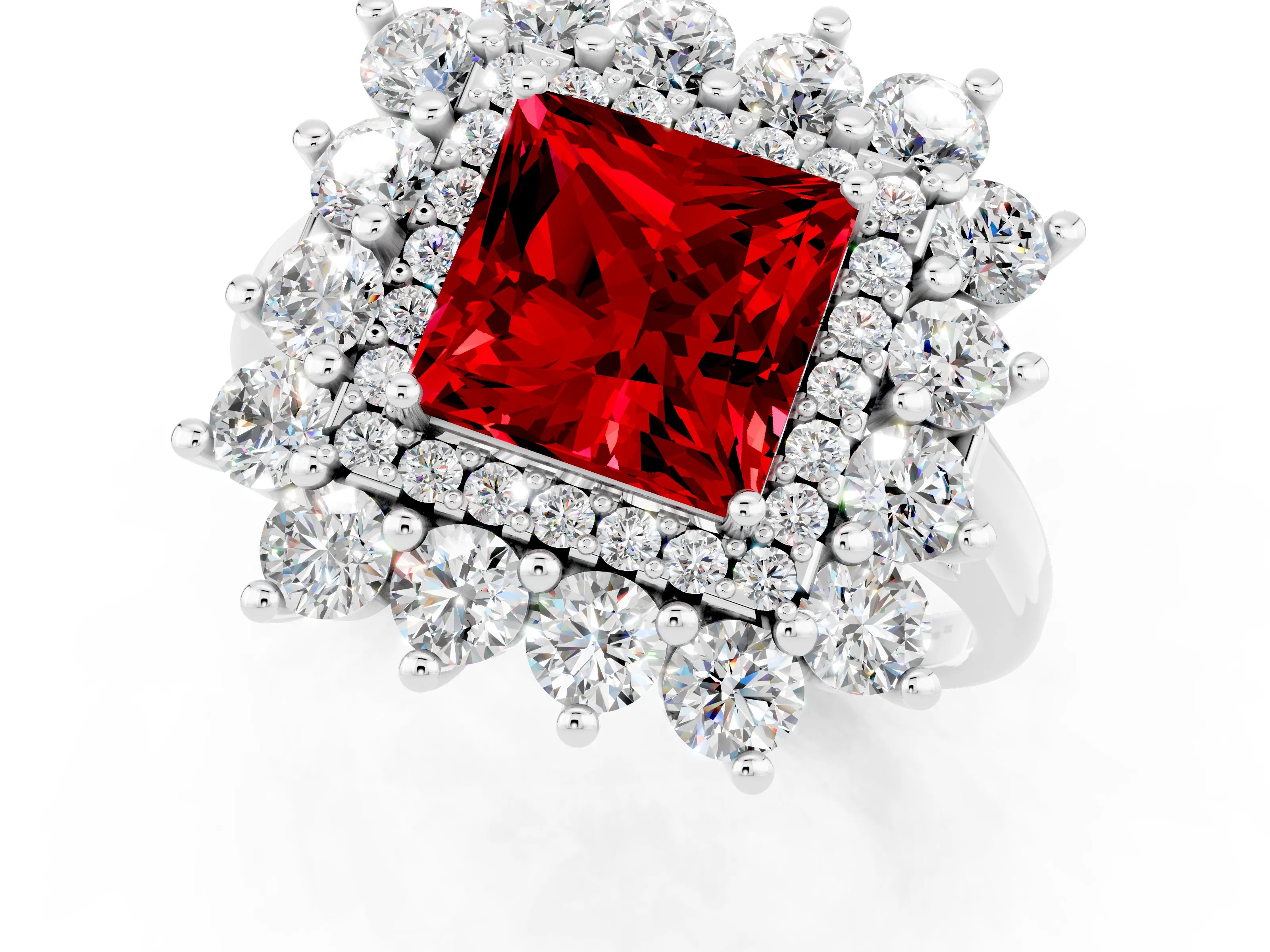 White gold Princess Cut Halo Cluster Diamond Ring with Pave Band and Four-Prong Setting_25