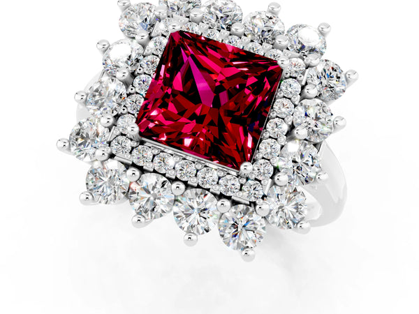 Platinum Princess Cut Garnet Floral Double Halo Engagement Ring with Prong Setting