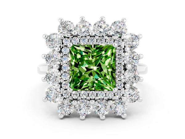 Platinum Princess Cut Peridot Floral Double Halo Engagement Ring with Prong Setting