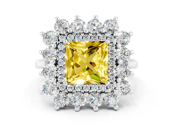 White gold Princess Cut Yellow Sapphire Floral Double Halo Engagement Ring with Prong Setting