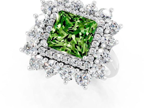 Platinum Princess Cut Peridot Floral Double Halo Engagement Ring with Prong Setting