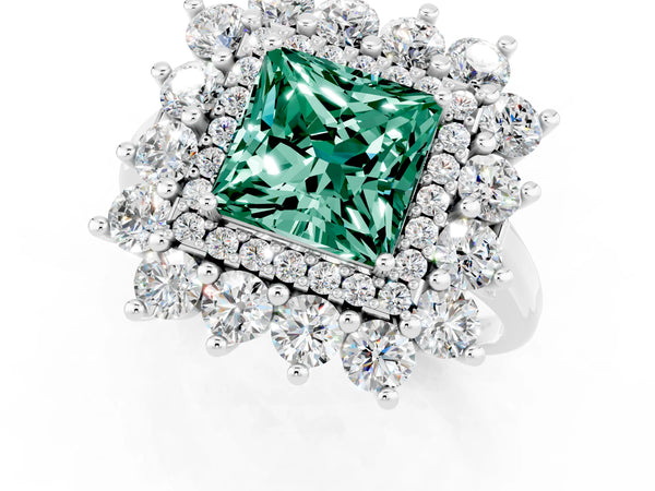 White gold Princess Cut Green Sapphire Floral Double Halo Engagement Ring with Prong Setting